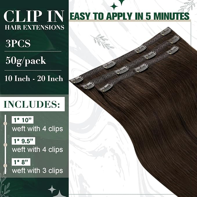 RUNATURE Clip in Hair Extensions Brown Real Human Hair Clip in Extensions Soft Remy Natural Hair for Women, Easy to Install, Short Straight Hair 12 Inch 50g 3pcs #2 Darkest Brown