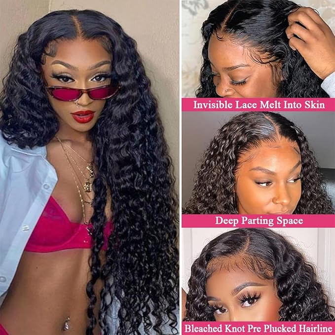 LICHANG Deep Wave 4x4 Transparent Lace Front Wigs Human Hair for Black Women Pre Plucked 180% Density Nature Color 30 Inch