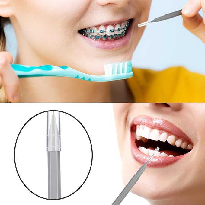 Patelai 100 Pieces Braces Brush for Cleaner Interdental Brush Toothpick Dental Tooth Flossing Head Oral Dental Hygiene Flosser Toothpick Cleaners Tooth Tool(Blue, Grey,Mixed Sizes)