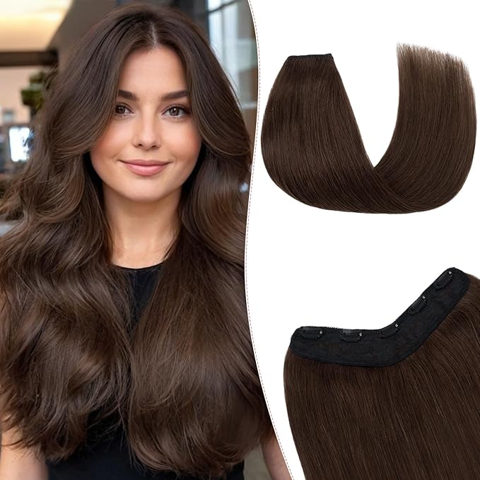 One Pieces Clip in Hair Extensions Human Hair Upgraded V-Shaped 5 Clips in Hair Extensions Human Hair Long One Piece Hairpiece for Women,16 Inch,#04 Chocalate Brown,65g