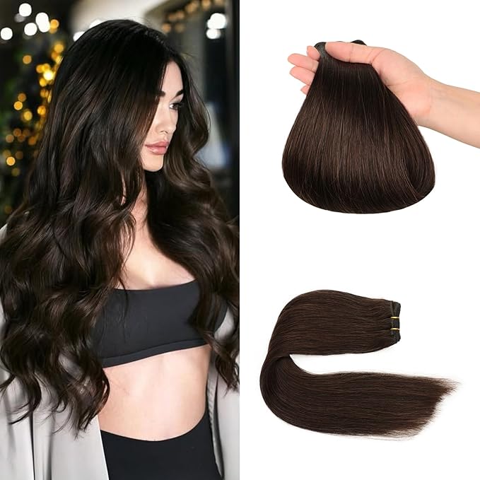 Sew in Hair Extensions Real Human Hair, 110g 24 inch #2 Dark Brown Hand Tied Weft Hair Extensions Human Hair Double Weft Quick Weave Bundles Silky Straight