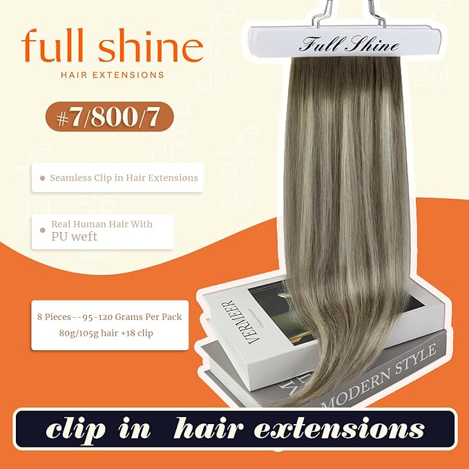 Full Shine Balayage Hair Clip in Extensions Brown Ombre Invisible Clip in Hair Extensions Ash Brown to Cool Blonde Real Human Hair for Long Hair 20 Inch 120 Gram 8 PCS
