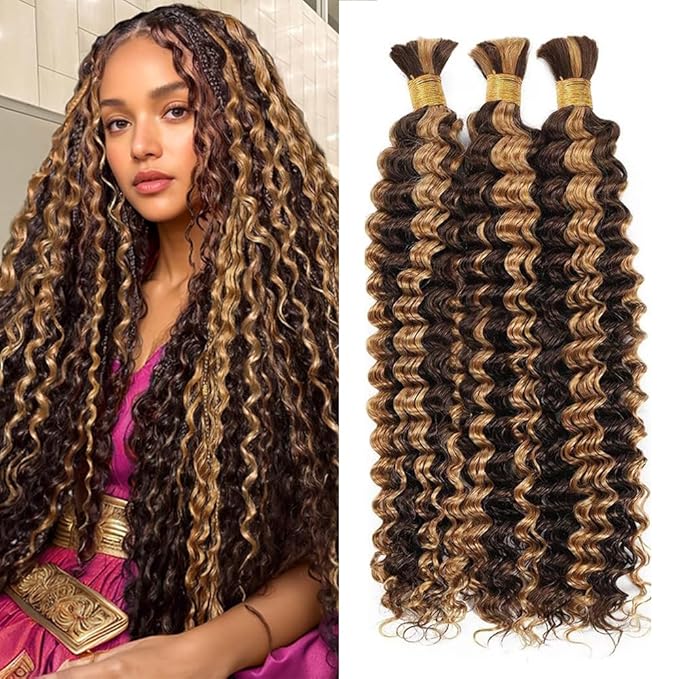 Ombre Human Braiding Hair for Boho Braids 16 inch P427 Deep Curly Boho Hair for Braiding Knotless 10A Deep Wave Bulk Bohemian 3 Bundles