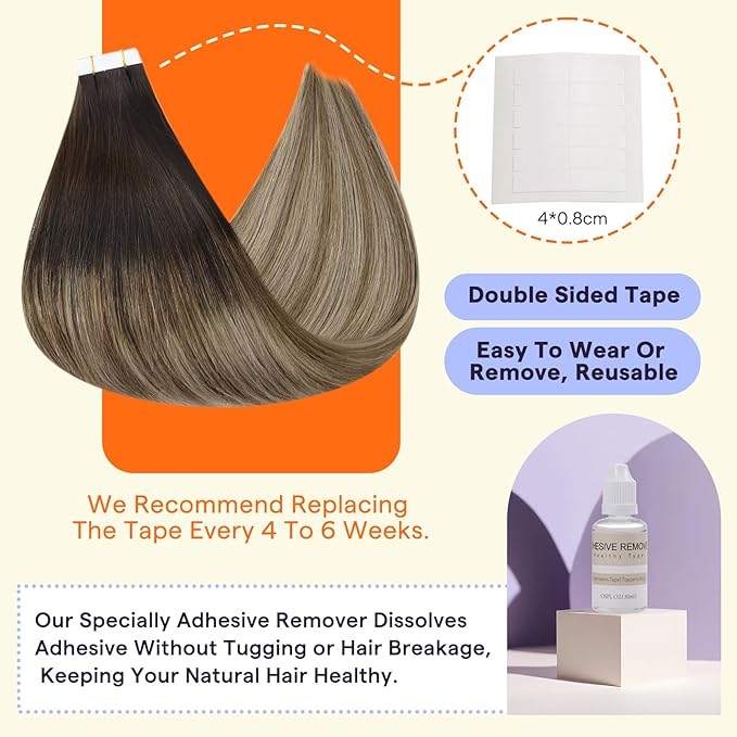 Full Shine Tape in Hair Extension Human Hair 12 Inch Adhesive Hair Extensions Tape Ins Color 2 Brown Fading to 6 and 18 Ash Blonde Natural Tape Hair Extension 20Pcs 30 Grams for Wedding