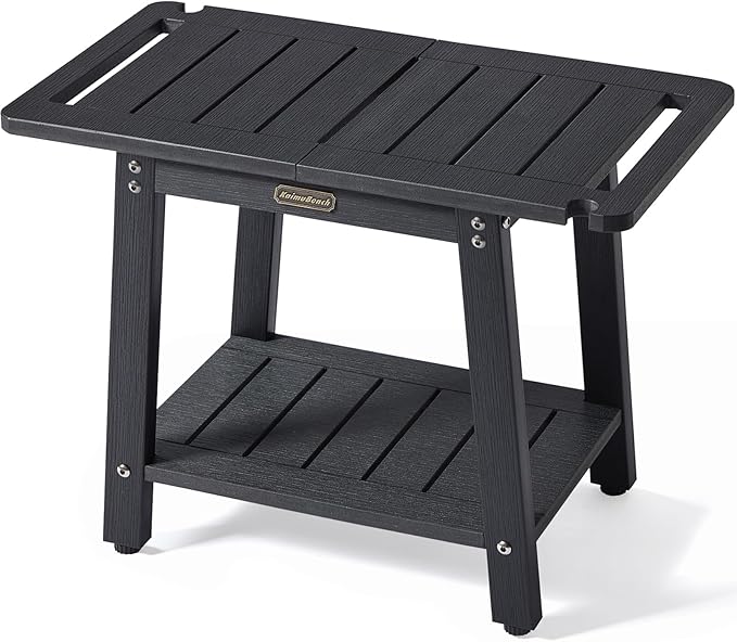 HDPS Shower Benches, Black Shower Stool for Shaving Legs with Shelf, Waterproof Bathroom Chair Seat, Weather Resistant/Non-Slip/Handles/Indoor or Outdoor Use