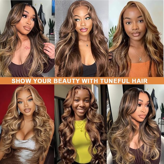 Tuneful 28 Inch 220 Density Honey Blonde Ombre 13X6 HD Lace Frontal Wig Human Hair Glueless Highlight 4/27 Colored Straight Lace Front Wigs Human Hair Pre Plucked for Women