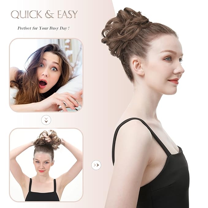 FESHFEN Messy Bun Hair Piece - Elastic Wavy Curly Hair Bun Scrunchies Extensions Synthetic Chignon Hairpieces for Women Girls, Brown & Blonde 1.5 oz