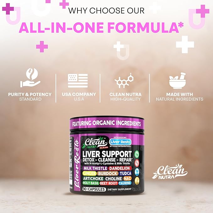 Clean Nutraceuticals Liver Cleanse Detox & Repair | Milk Thistle Supplement + NAC, TUDCA, Dandelion Root, Artichoke, Choline, Ginger, Beet Root, Burdock, Taurine, Liver Support 90 Capsules
