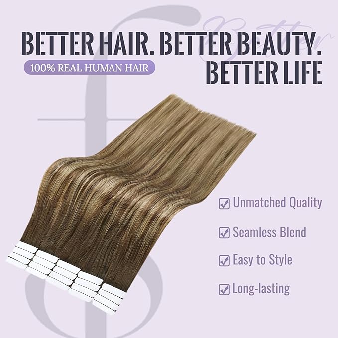 Fshine Tape in Hair Extensions Ombre Darkest Brown Fading to Brown and Caramel Blonde 14 Inch Soft Remy Tape in Extensions Human Hair for Women 20 pcs 50 g,Designed to Boost Volume & Length