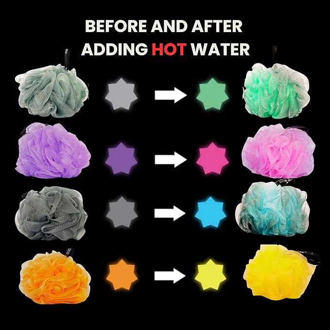 Color-Changing Bath Sponges Set - Multi-Color Body Loofahs for Shower & Exfoliating, Soft and Durable Shower Sponges with Hanging Lanyard, Pack of 4
