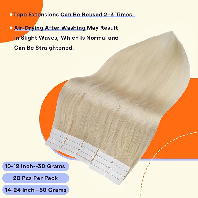 Full Shine Tape in Hair Extensions Color 60 Platinum Blonde 16 Inch Invisible Double Sided Human Hair Extensions Tape in 50 Grams Seamless Extensions for Women Real Hair 20 Pieces for Party
