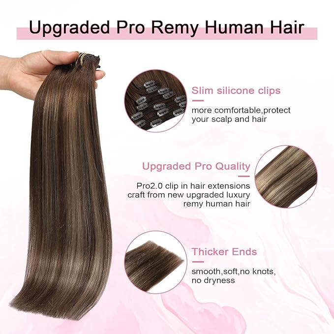 Pro2.0 Clip in Hair Extensions Real Human Hair 120g Thick 7pcs Color #4/27/4 Chocolate Brown to Caramel Blonde Remy Real Human Hair Extensions Clip ins 14inch Double Weft（#4/27/4-14inch）