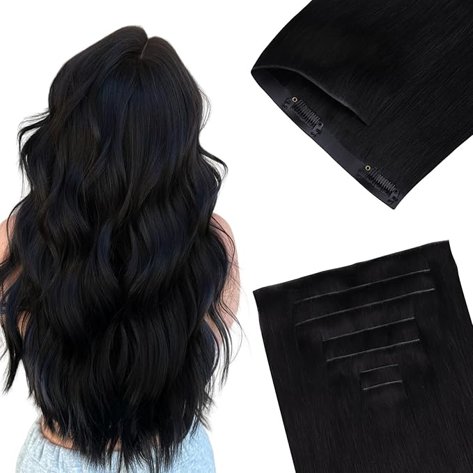 GOO GOO Invisi Edge Clip in Hair Extensions 18inch 110g 7Pcs Injected Seamless PU Clip in Hair Extensions, Virgin Real Human Hair, 1 Jet Black