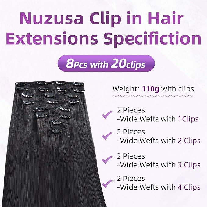 Clip in Hair Extensions Real Human Hair,100% Seamless Remy Human Hair Straight,Clip Extensions for Women, 8pcs Per Set with Double Weft,1B Natural Black,22inch 110g/4oz