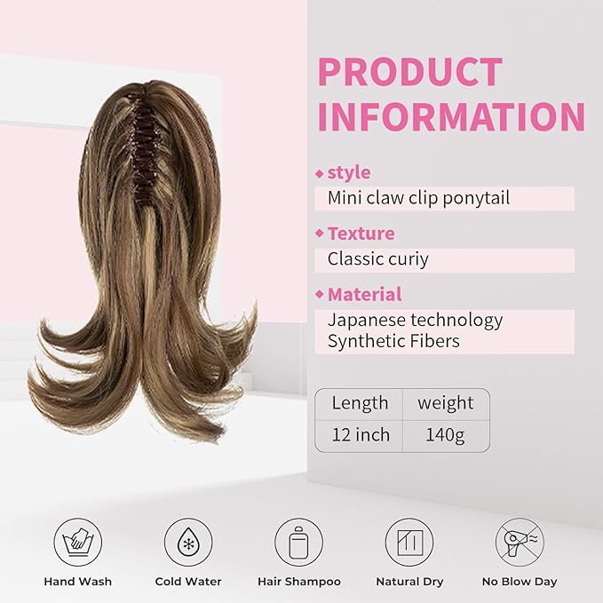 Ponytail Hair Extensions, 12 Inch Claw Clip Ponytail Hair Extensions for Women, Chin Clip Wigs, Soft Synthetic Wigs-Ash Blonde