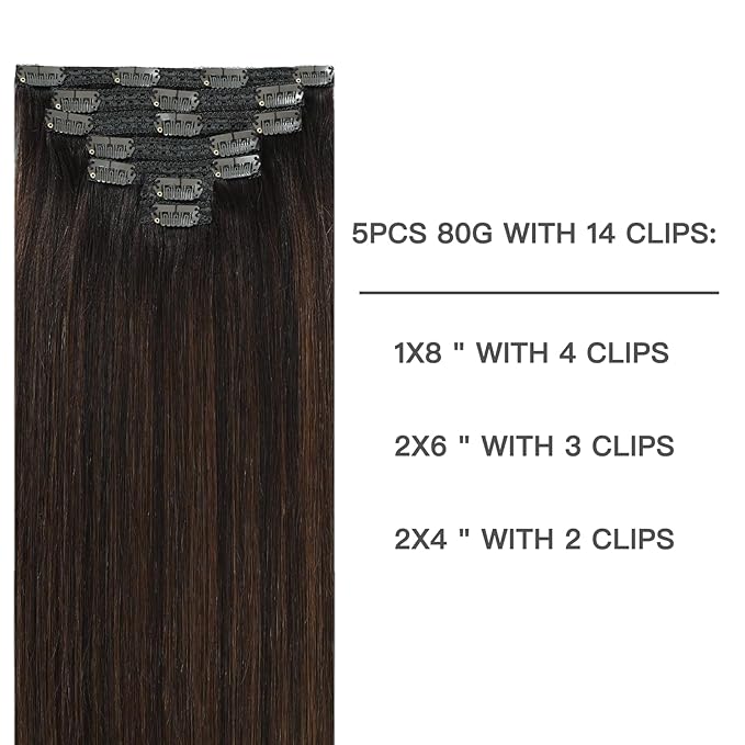 Clip in Hair Extensions Balayage Dark Brown to Chestnut Brown Ombre Real Human Hair 12 Inch 80g 5pcs Natural Remy Hair Extensions