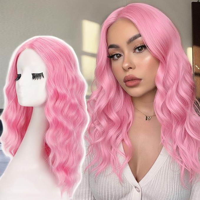 AISI HAIR Pink Wig for Women Medium Length Wave Curly Glueless Synthetic Heat Resistant Hair Wigs for Daily Party Cosplay