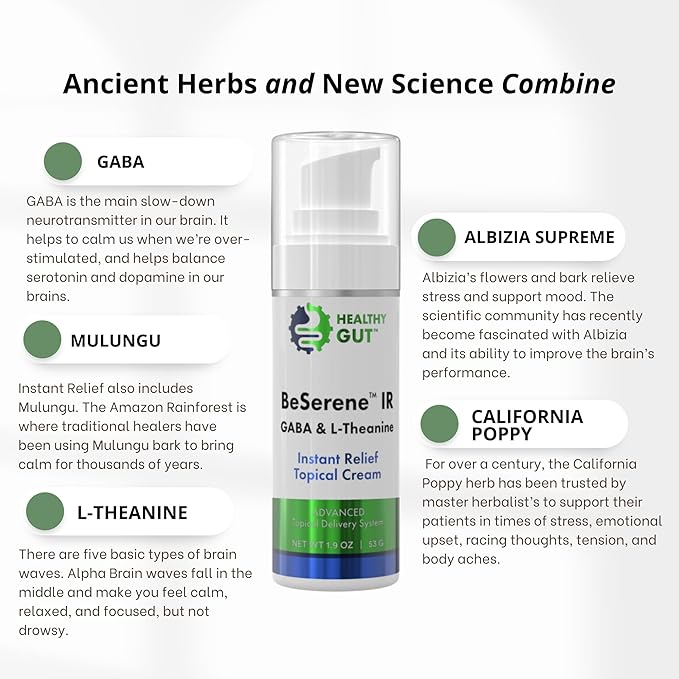 Healthy Gut BeSerene IR | GABA & L-Theanine | Instant Relief Topical Cream | 1.9 OZ