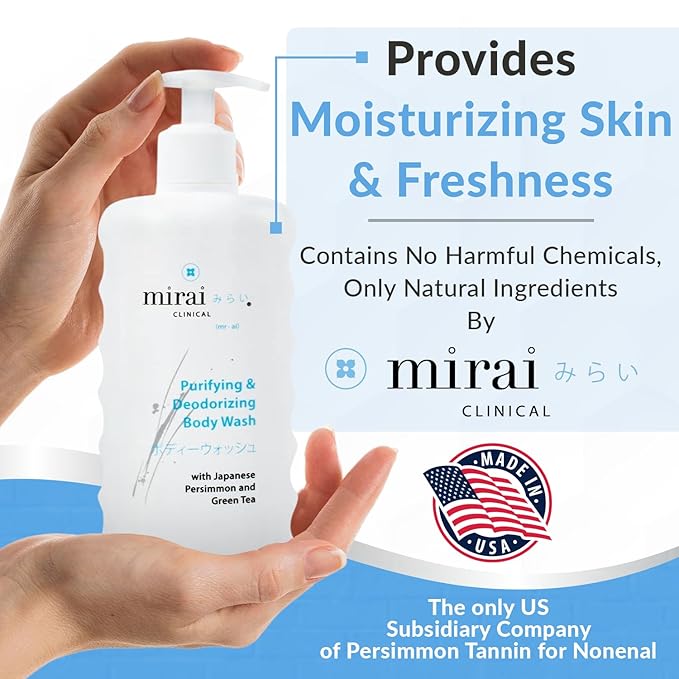 Mirai Clinical Body Wash for Strong Body Odor - Renewing Body Purifying & Deodorizing with Natural Persimmon & Green Tea Extracts - Nonenal® Eliminator for Women & Men - 9.29 Fl oz