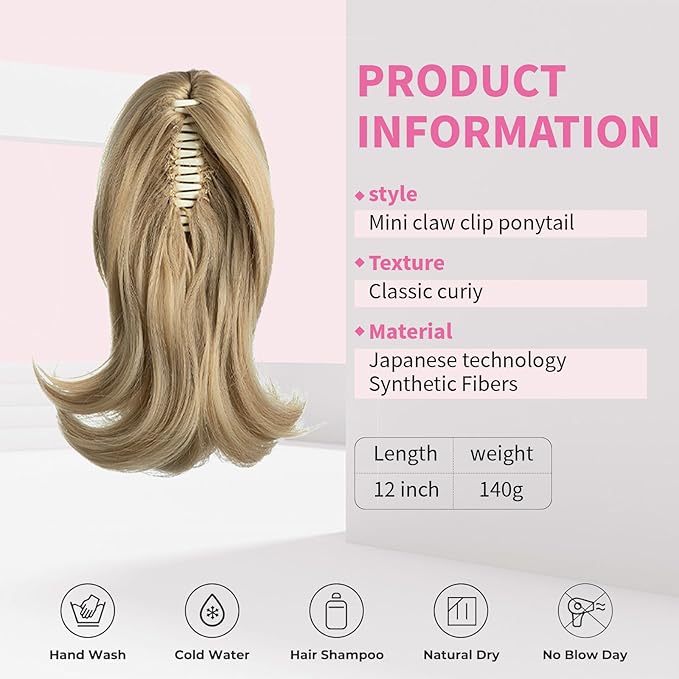 Ponytail Hair Extensions, 12 Inch Claw Clip Ponytail Hair Extensions for Women, Chin Clip Wigs, Soft Synthetic Wigs-Natural Blonde