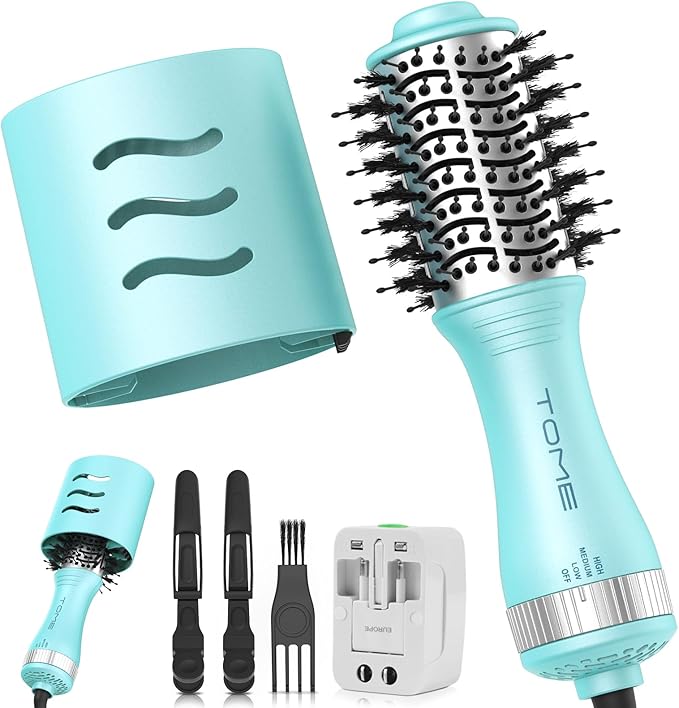 Travel Hair Dryer Brush, Dual Voltage Blow Dryer Brush, Mini Hot Air Portable 2 inch Travel Hair Dryer Styler Volumizer Oval Shape (Blue)