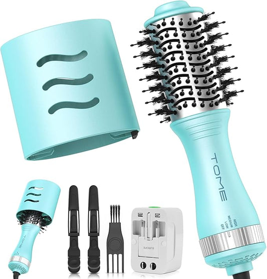 Travel Hair Dryer Brush, Dual Voltage Blow Dryer Brush, Mini Hot Air Portable 2 inch Travel Hair Dryer Styler Volumizer Oval Shape (Blue)