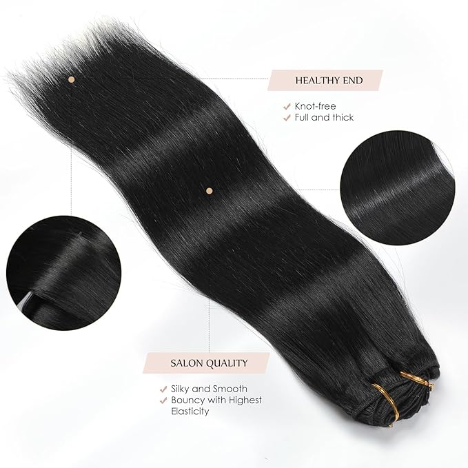 Sisily Clip in Hair Extensions Real Human Hair, 16 inch 140g, Jet Black, 100% Brazilian Remy Human Hair Clip in Extensions Soft Straight 7pcs Per Set with 16 Clips Double Weft