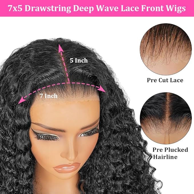 32 Inch 7x5 Wear and Go Glueless Wigs Human Hair Pre Plucked Pre Cut 200 Density Drawstring Deep Wave Lace Front Wigs Human Hair for Women Beginner Friendly Natural Hairline Curly Lace Front Wig