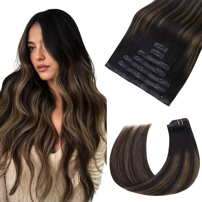 HOTBANANA Seamless Clip in Hair Extensions, 14 Inch 110g 7pcs Ombre Natural Black Mixed Chestnut Brown Invisible PU Skin Weft Straight Remy Human Hair Extensions