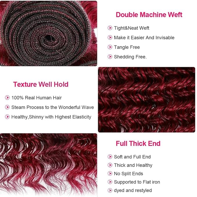 99J Burgundy Bundles Human Hair Red Deep Wave 3 Bundles 28 30 32 Inch 150g 8A Brazilian Virgin Hair Extensions 99J Deep Wave Bundle Red Color