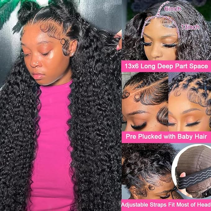 20 Inch Deep Wave Lace Front Wigs Human Hair 200 Density 13x6 HD Lace Frontal Wigs Human Hair Pre Plucked Deep Curly Glueless Wigs Human Hair with Baby Hair Curly Wigs for Women Natural Color