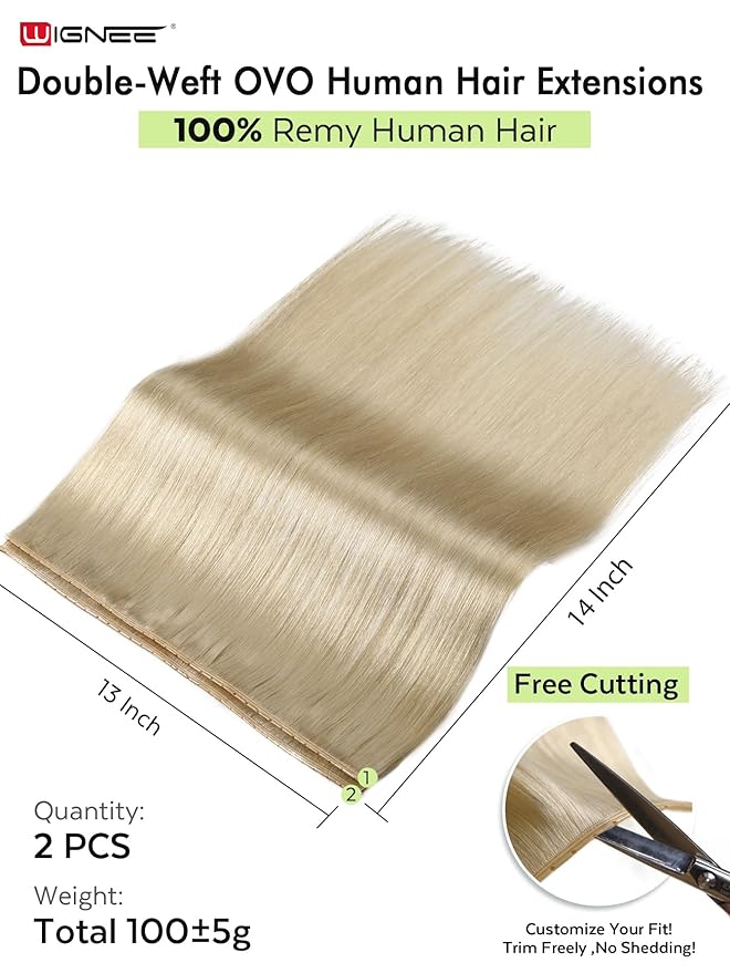 WIGNEE Double Invisible PU OVO Human Hair Extensions 100% Remy Hair Weft Blonde Hair Extensions Human Hair 2 PCS 14 Inch Glueless Wefts Micro Bead Real Human Hair Extensions (613)
