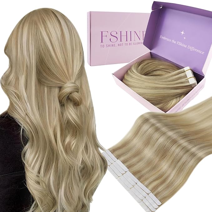 Fshine Tape in Hair Extensions Human Hair, Color Golden Highlighted with Dark Ash, Extensions Tape Ins 14 Inch 20 pcs 50 g, Adds Bright Volume and Length, Remy Straight Natural Look for Women, Girls