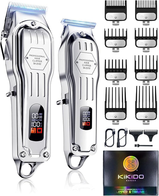 KIKIDO Hair Clippers Professional Cordless for Men, Barber Clippers for Hair Cutting Kit, Wireless LCD Display Hair Trimmers Set, Rechargeable Haircut Machine for Family (Sliver)