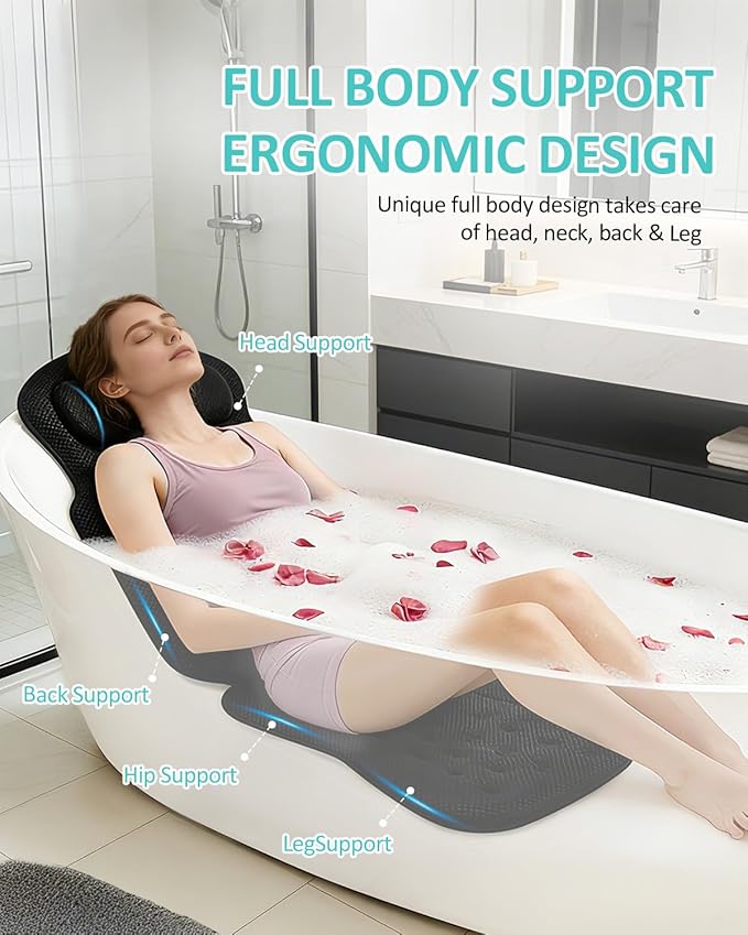Full Body Bath Pillow for Bathtub, 5D Thick Tub Pillow for Bathtub with 192 Non-Slip Suction Cups, Laundry Bag & Hook, Bathtub Pillow for Head, Neck & Back Support (Black, 51"*15")