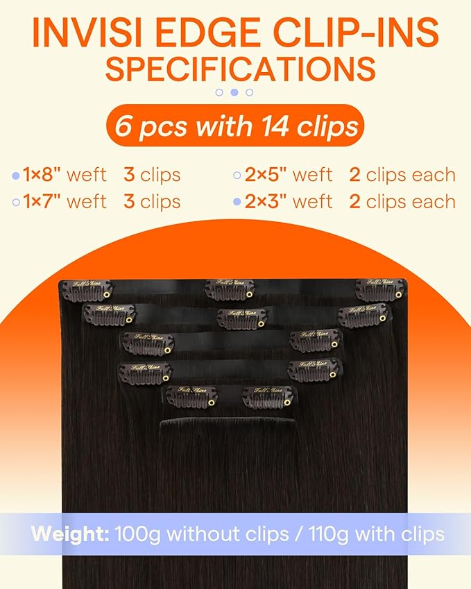 Full Shine Injection Seamless Clip in Hair Extensions Dark Brown Real Hair Clip in Extensions Straight Invisi Edge Hair Extension Full Head 16 Inch 120 G 6 PCS
