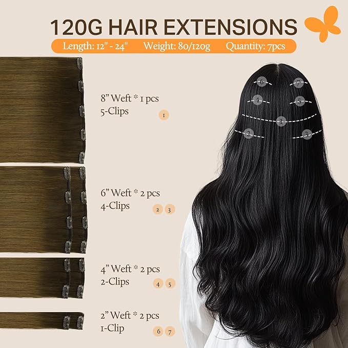 DOORES Human Hair Extensions Clip Ins, Chocolate Dip Color Melt 18 Inch 7pcs 120g, Clip in Hair Extensions Remy Natural Hair Extensions Thick Silky Straight Hair