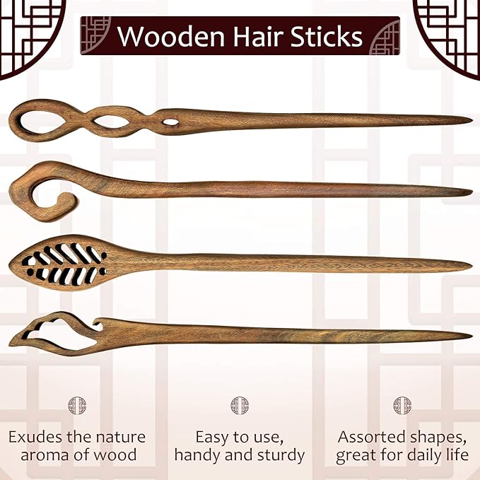 Chuangdi 8 Pieces Wooden Hair Sticks Japanese Hair Chopstick for Women Bun Maker, Chinese Chopstick Hairpin for Women Handmade Chignon Maker Accessories(Classic Pattern)