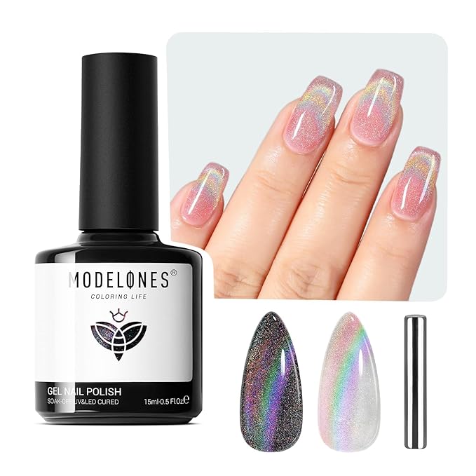 modelones Cat Eye Rainbow Gel Nail Polish Silver Glitter Holographic Glass 9D Cat Eye Gel Polish with Magnet Stick Soak Off U V Nail Lamp Summer Nail Art Top Coat Manicure Salon DIY Home 15 ML