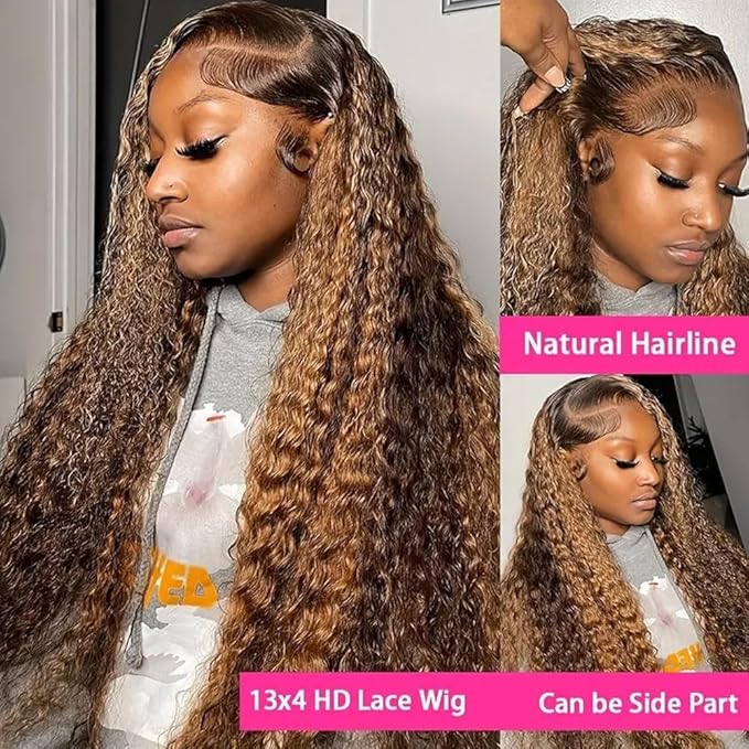 Highlight Ombre Deep Wave Lace Front Wig Human Hair Pre Plucked 13x4 HD Transparent Lace Frontal Wigs 180% Density 22 Inch Curly Glueless Wig for Black Women