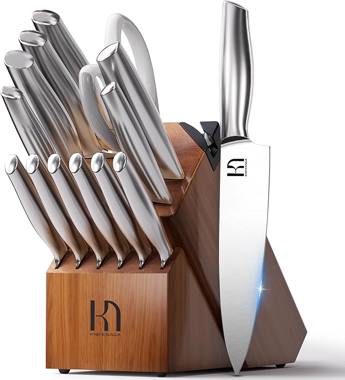 Kitchen Knife Set 14 Piece Premium Japanese High Carbon Stainless Steel Knife Block Sets with Built-in Sharpener, Razor Sharp Knives Set for Kitchen, Quality Acacia Wood Block Knife Set