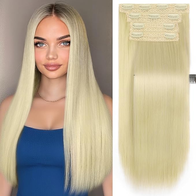 Clip in Hair Extensions Long Straight Hairpieces 22 Inch Platinum Blonde 4PCS Ultra-thin and breathable Hairpieces Fiber Double Weft Hair for women