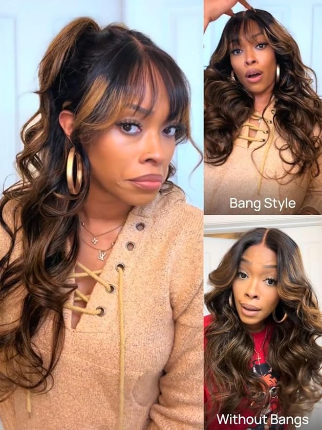 Sunber Ombre Brown Highlight Balayage Loose Body Wave With Bangs Glueless Wigs Pre cut 7x5 HD Lace Front Bye Bye Knots Drawstring Wig 22Inch Put On Go Pre Plucked Bleached Invisible Knots 180% Density