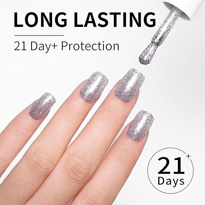Sparkle Silver Gel Polish Glitter Hema Free 0.34 OZ Same Color Same Top Cover Reflective UV Polish Manicure Nail Art DIY