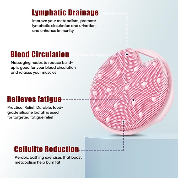 Silicone Body Scrubber - Anti Zinc Infused-Stiff and Soft Bristles,Exfoliating Body Wash Scrubber,Loofah Shower Scrubber for Body,Lymphatic Drainage,Blood Circulation and Lather Well- Pink