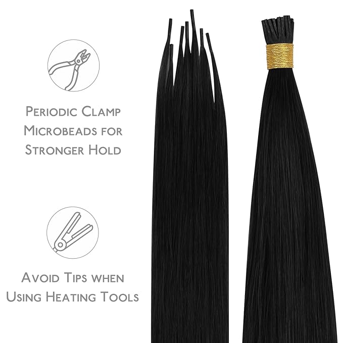 WENNALIFE I Tip Hair Extensions Human Hair, 50g 100s 16 Inch Jet Black Remy Itip Human Hair Extensions Invisible Itips Straight I Tips Fusion Extensions Real Human Hair