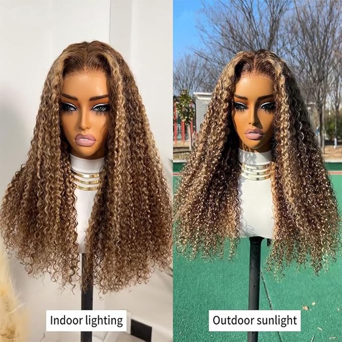 32 inch 200 Density Honey Blonde 13x6 Deep Wave HD Transparent Ombre Lace Front Wigs Human Hair Pre Plucked 4/27 Highlight Jerry Curly Wet And Wavy 100% Human Hair Wigs For Black Women With Baby Hair