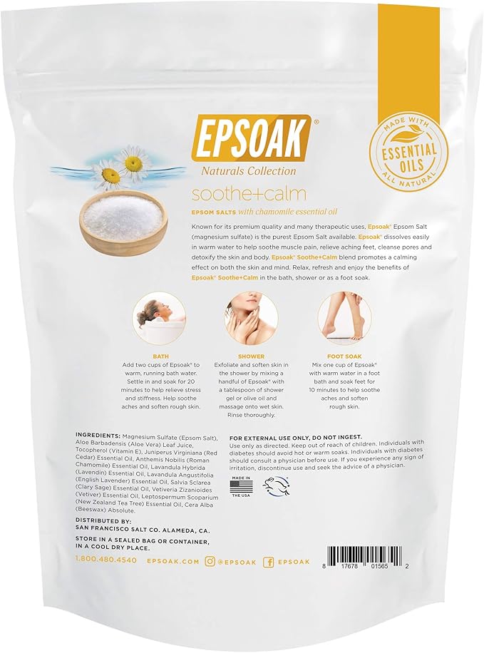 Epsoak Epsom Salt 2 lb. Magnesium Sulfate USP. (Qty. 1 x 2lb. Bag), Soothe + Calm, Resealable Epsom Salt Bag, Made in The USA, Cruelty-Free Certified