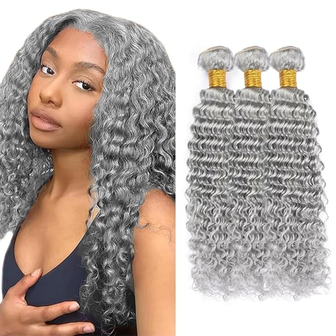 Silver Human Hair Bundles Grey Deep Wave Bundle 20 22 24 Inch Gray Hair Weave 3 Bundles Gray Color Long Hair Extensions
