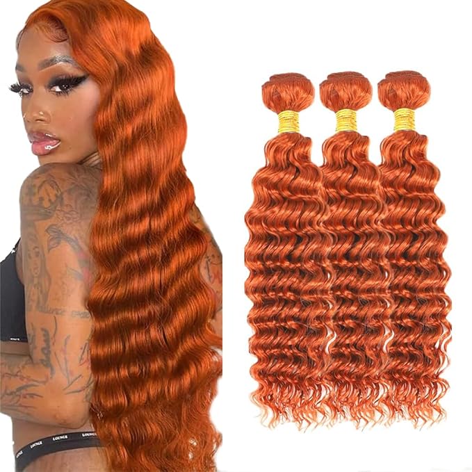 20 22 24 Inch Ginger Bundles Human Hair #350 Orange Deep Wave 3 Bundle Unprocessed Brazilian virgin hair Weave Extensions Double Weft 50 Grams/Bundle Colored Ginger Bundles for Woman
